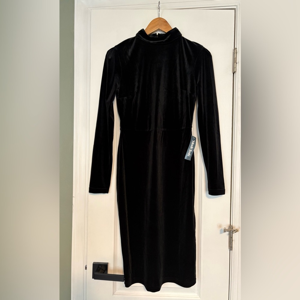 Modcloth Classic Black Velvet Long Sleeve mock neck MIDI Dress